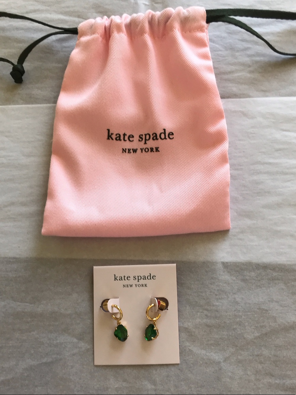 kate spade Pink Drawstring Pouch with Green and Gold Earrings